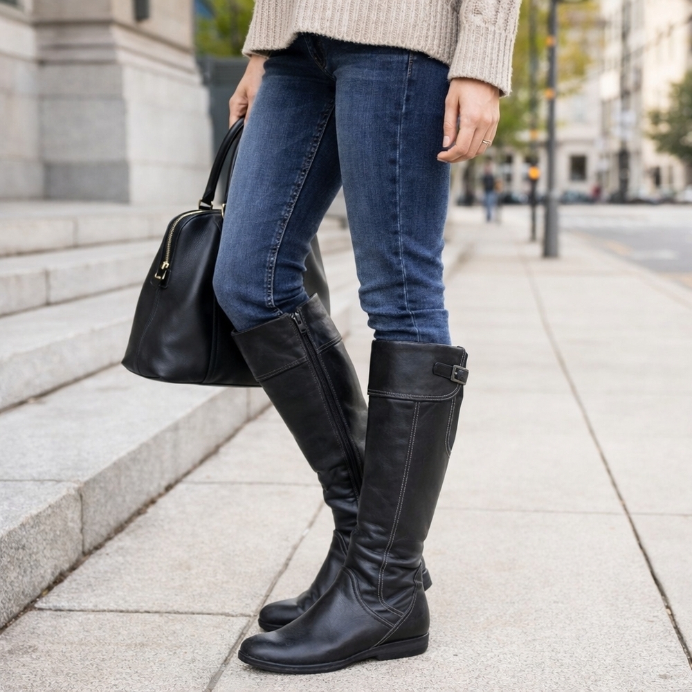 Geox Black Leather Knee High Riding Boots Side Zip Comfort 38 / US 8